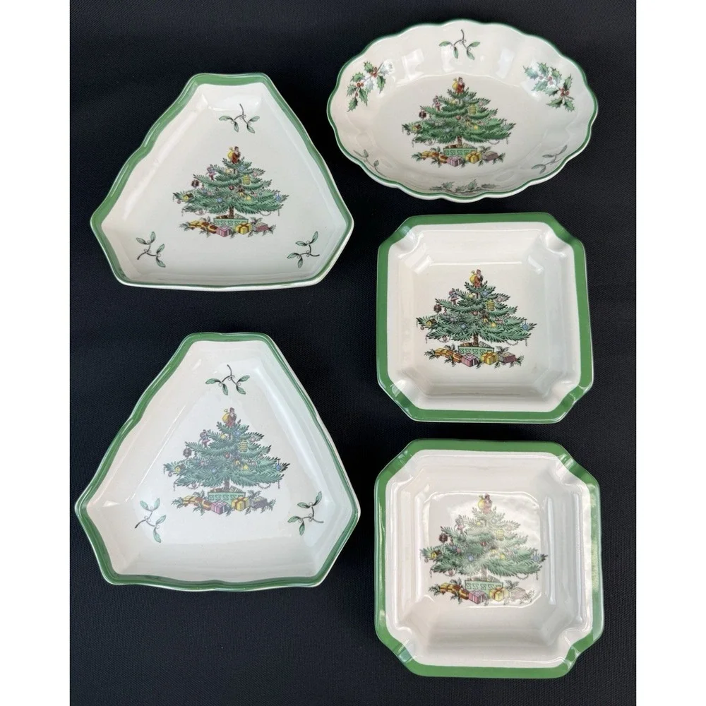 Spode Christmas Tree Pattern Lot Of 5 Small Trays Square Oval & Triangle